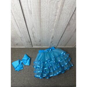 Girls Blue Ruffled Tutu Skirt & Bow Set With Satin Trim for Ballet Dance Party